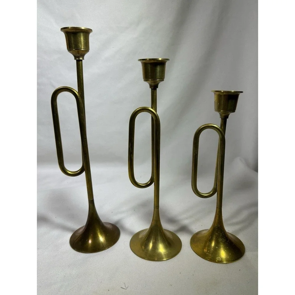 Vintage Brass Graduated Bugle Horn Candlesticks Candle Holders Christmas Lot 3